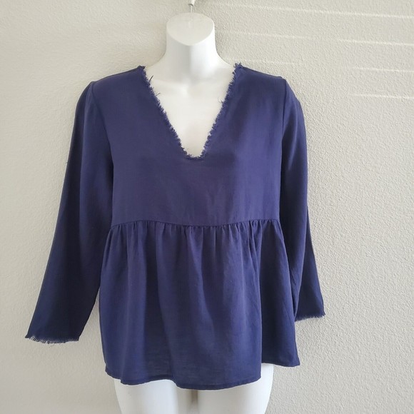 Tavik Tops - NEW Tavik+ Kenny Popover Linen Blouse Small Navy Blue Pleated Fringe Hem